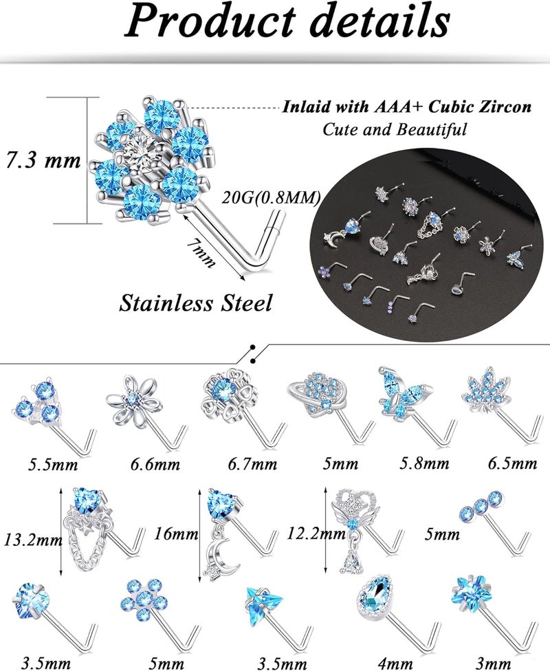 Tornito 16Pcs Nose Rings L Shaped Nose Stud Stainless Steel Butterfly Flower Leaf Heart Moon Dangle Nose Stud Ring Body Piercing Jewelry for Women Men 20G Pink Blue Clear CZ - Image 2